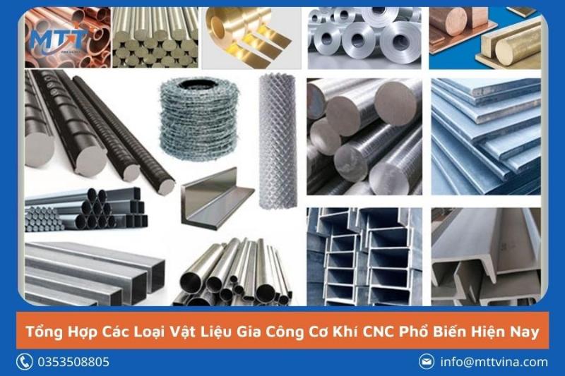 Các loại vật liệu phổ biến được gia công bằng công nghệ cơ khí CNC, minh họa đa dạng