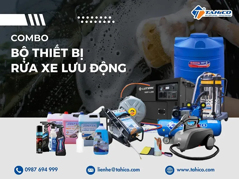 Bo thiet bi bao gom may rua xe binh phun bot va chai nuoc rua xe khong cham
