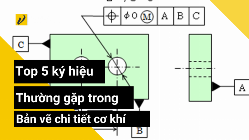 Một phần bản vẽ cơ khí minh họa các loại ký hiệu dung sai, độ nhám và đường kích thước.
